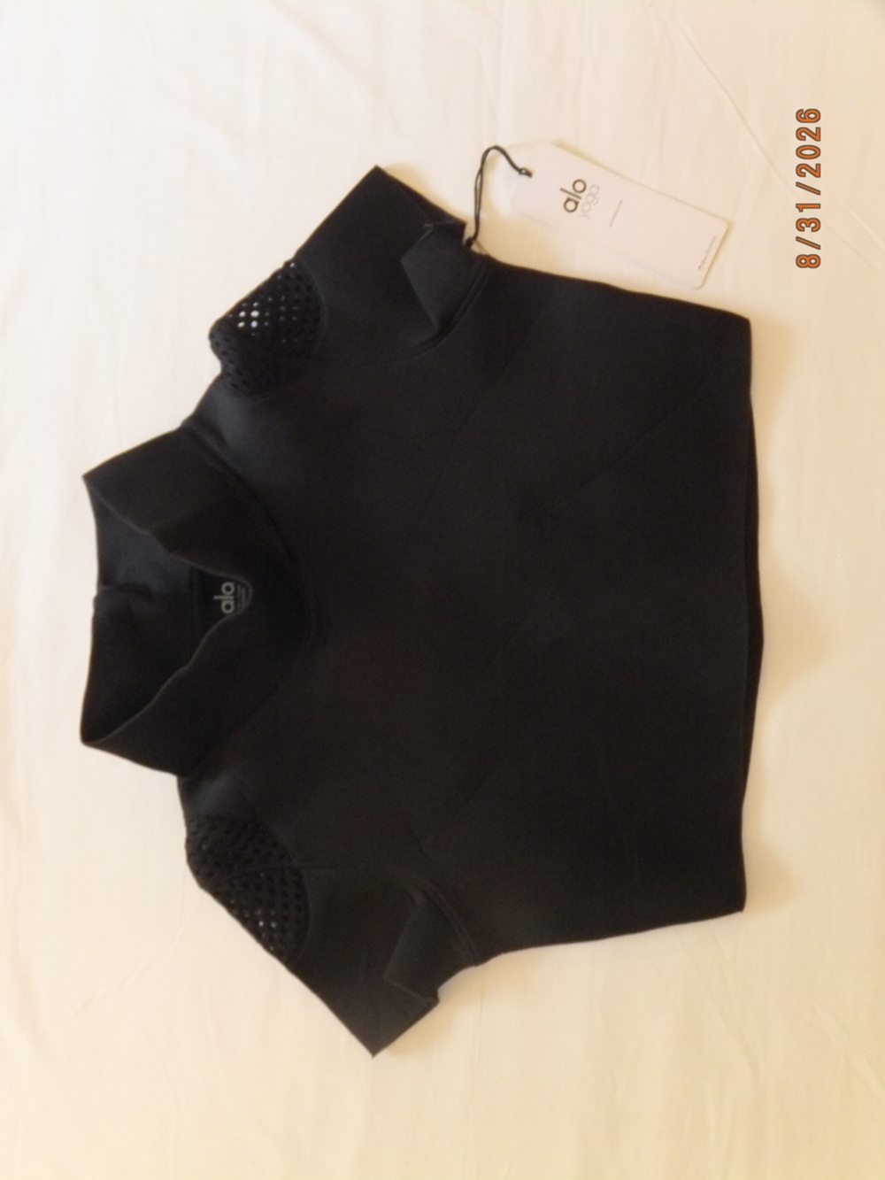 ALO Yoga Black Mock Neck Short Sleeve Crop Top with Openwork Shoulders